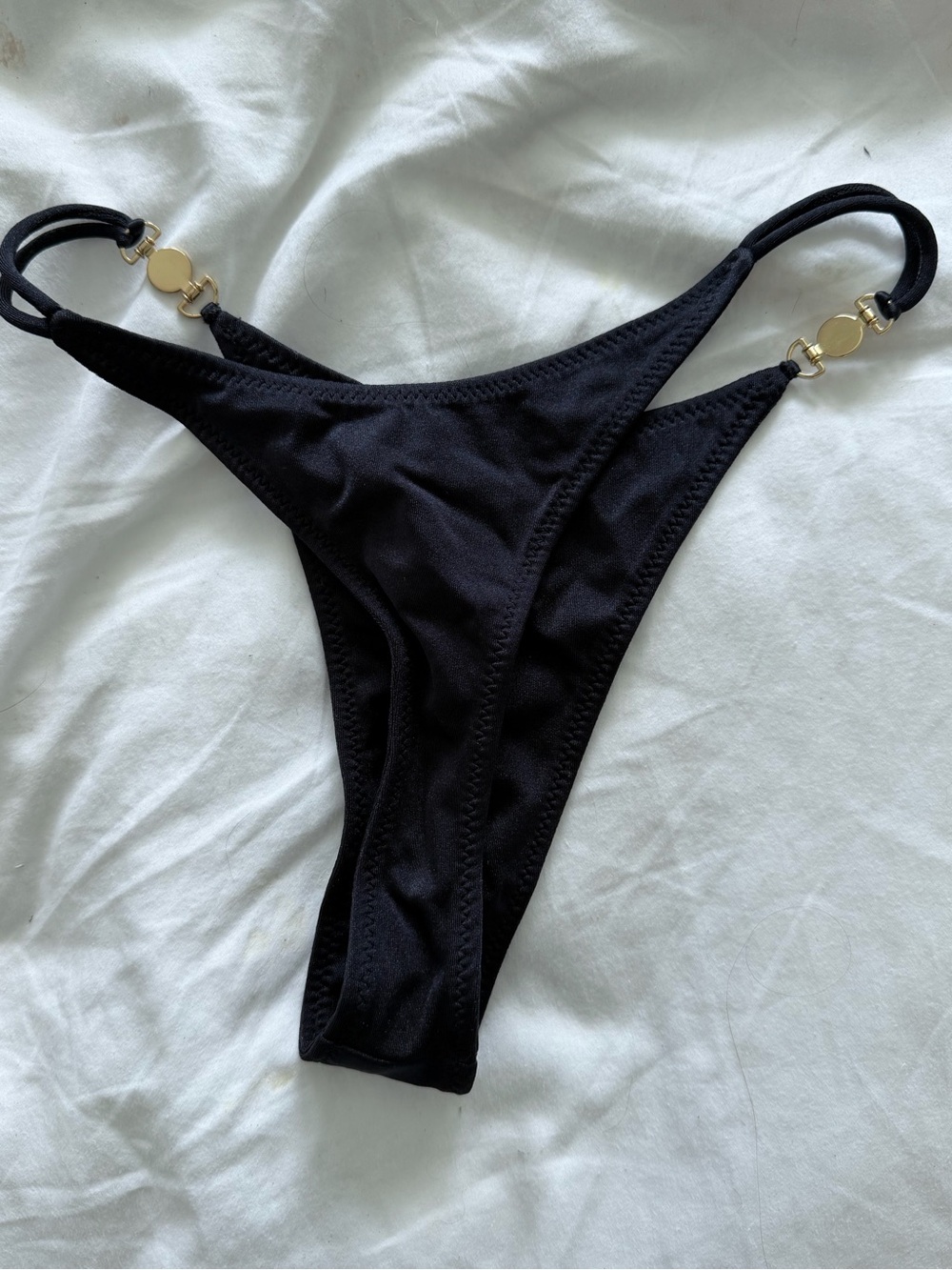 Black Women's Bikini Bottom with Gold Ring Accents